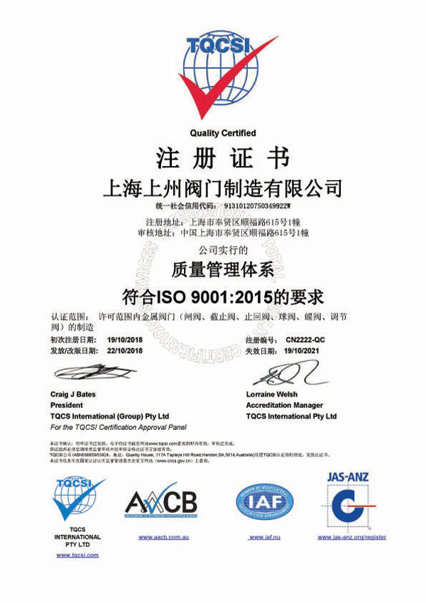 ISO9001認證證書(shū)中文